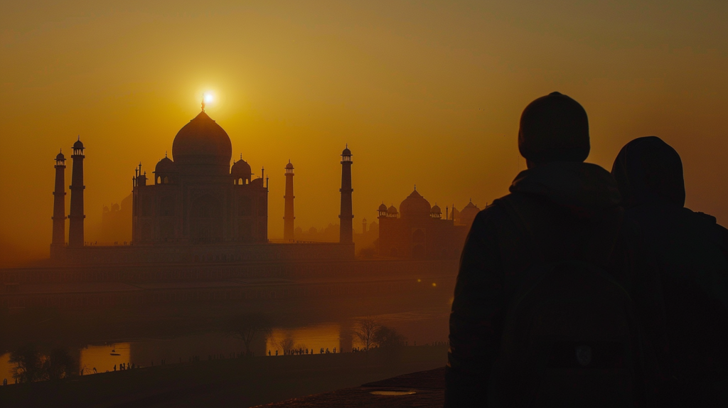 Travelers witnessing the serene beauty of the Taj Mahal at sunrise, capturing a moment of awe and tranquility.