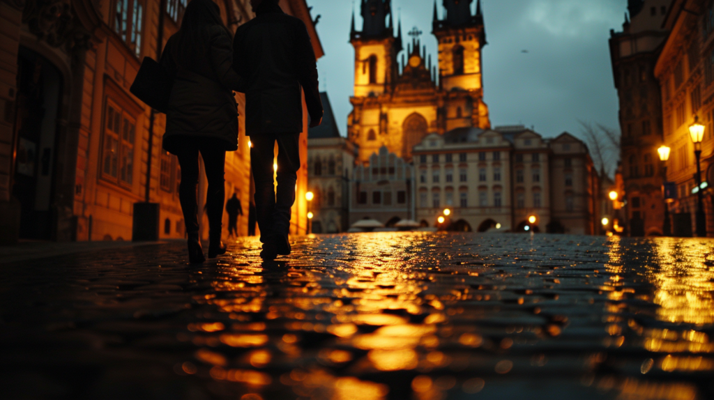 A couple enjoying a candid moment as they explore the historic streets of Prague's Old Town, with Gothic spires looming in the background.