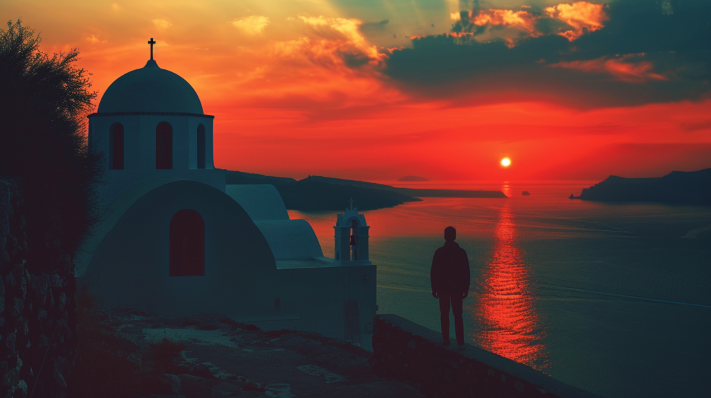 A solo traveler standing in awe as the sun sets over Santorini's caldera, with the iconic blue-domed churches in the foreground, symbolizing a journey of personal discovery.