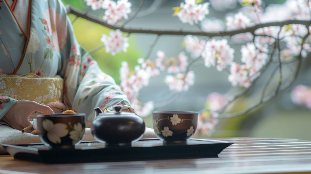 Participants in traditional kimonos partake in a serene tea ceremony under the blooming cherry blossoms in Kyoto, blending cultural tradition with the natural beauty of spring.