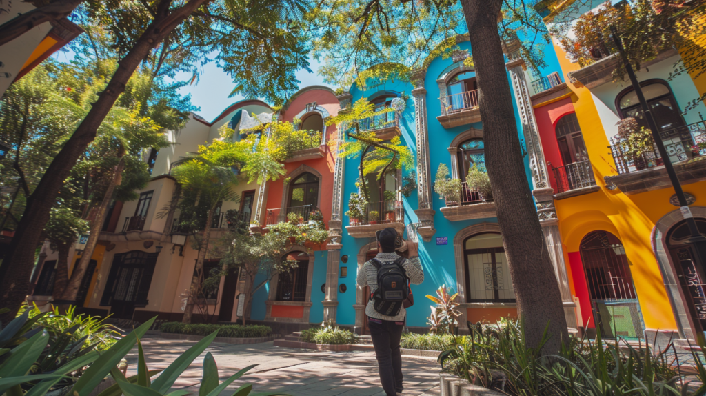 A traveler exploring the picturesque streets of Condesa, captivated by the neighborhood's art nouveau architecture and vibrant atmosphere.
