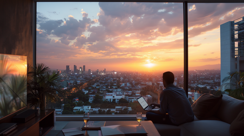 A traveler unwinding in a luxurious Casai apartment, immersed in planning their next culinary adventure in Mexico City against a backdrop of the city's sunset skyline.