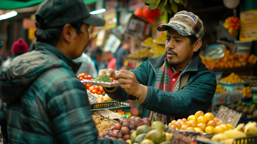 A traveler engaging with a local vendor at Mercado Roma, sampling the vibrant and diverse culinary offerings of Mexico City's markets.
