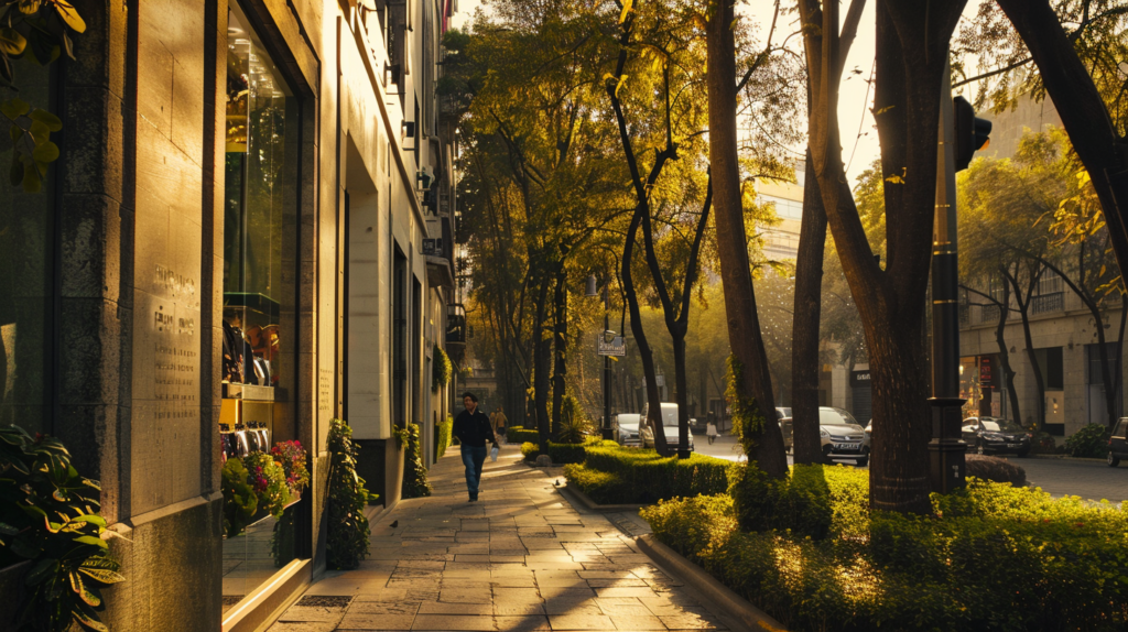 A traveler explores the chic streets of Polanco, soaking in the area's luxurious ambiance and architectural beauty.