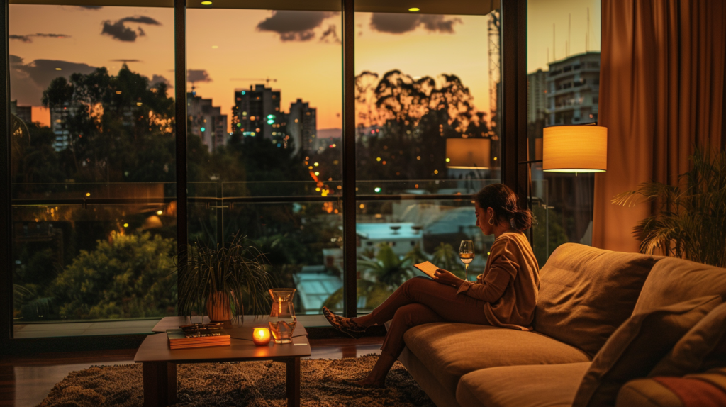 A traveler enjoys a serene evening in a luxurious Casai apartment in Polanco, embodying the comfort and style of upscale Mexico City living.