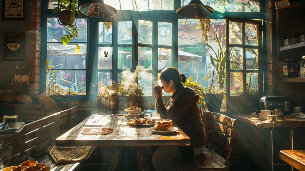 A traveler enjoys a serene morning at La Lorena bakery in Lomas de Chapultepec, savoring artisanal pastries in the softly lit, elegantly decorated space.