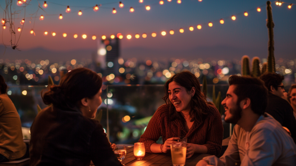 Guests enjoy a leisurely evening at Dirty Dandy, La Lorena's rooftop, with Mexico City's skyline providing a breathtaking backdrop to their elegant gathering.
