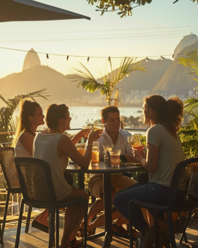 Guests enjoy a leisurely afternoon at Terrazza Garden in Lagoa, Rio, with views of the lagoon, savoring drinks and conversations in the golden sunlight.