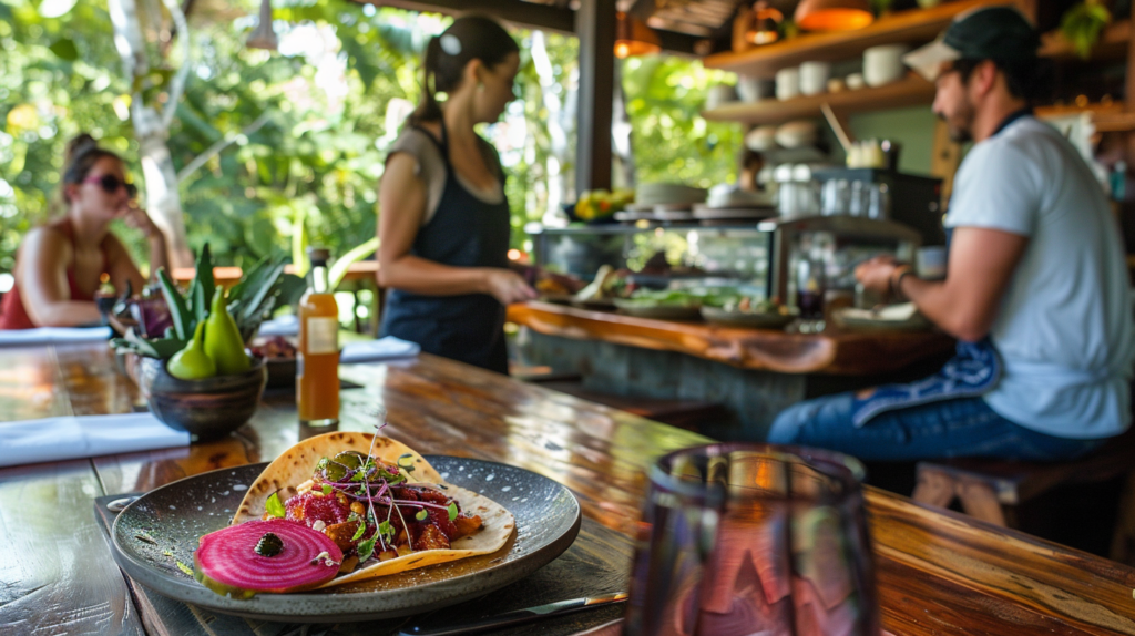 A close-up of Terrazza Garden's vibrant pink tacos, with a waiter suggesting dishes to diners against the lush Lagoa background, showcasing the restaurant's international cuisine.