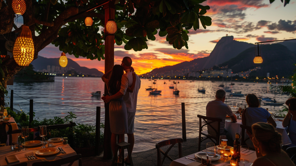 A romantic moment as a couple watches the sunset over Lagoa Rodrigo de Freitas from Terrazza Garden, with guests enjoying the ambiance under Rio’s twilight.