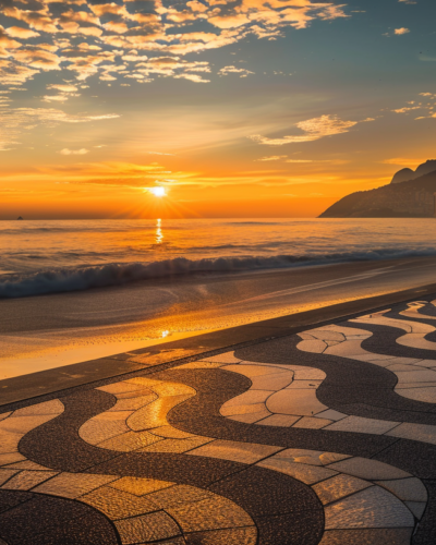 Sunrise over Copacabana Beach with the Sugarloaf Mountain in the background and a jogger on the beach