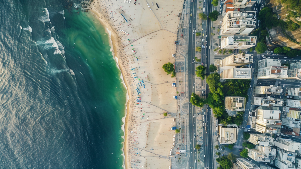 Aerial view of Copacabana Beach, Rio, highlighting the division into Postos and the urban landscape