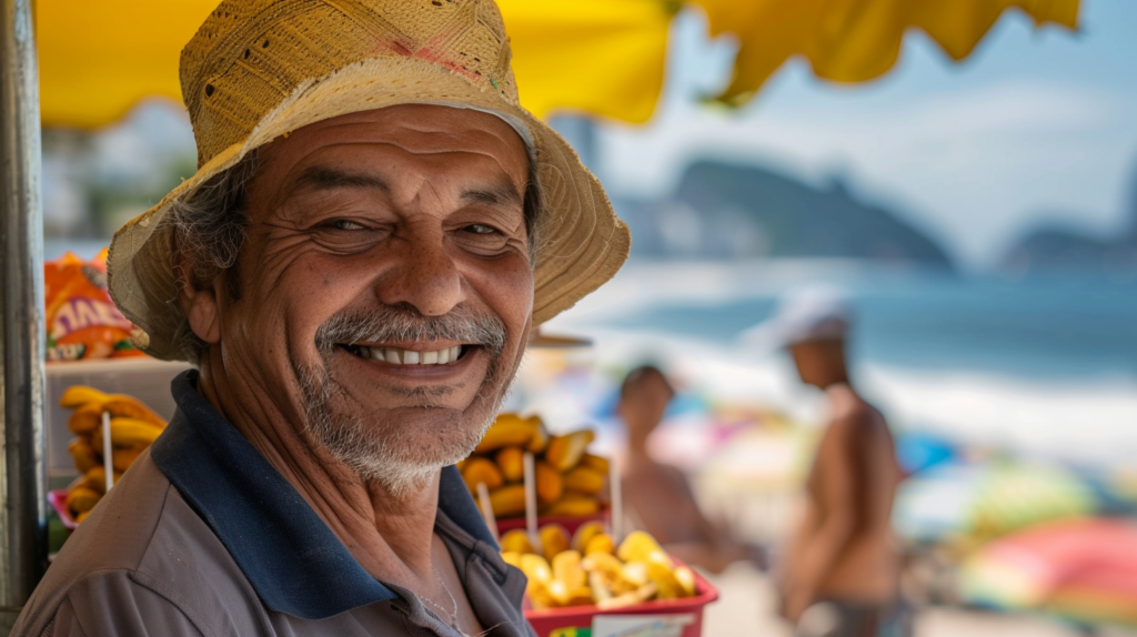 Close-up of a Carioca snack stand on Copacabana Beach, with a smiling vendor serving Biscoito Globo and Mate Leão