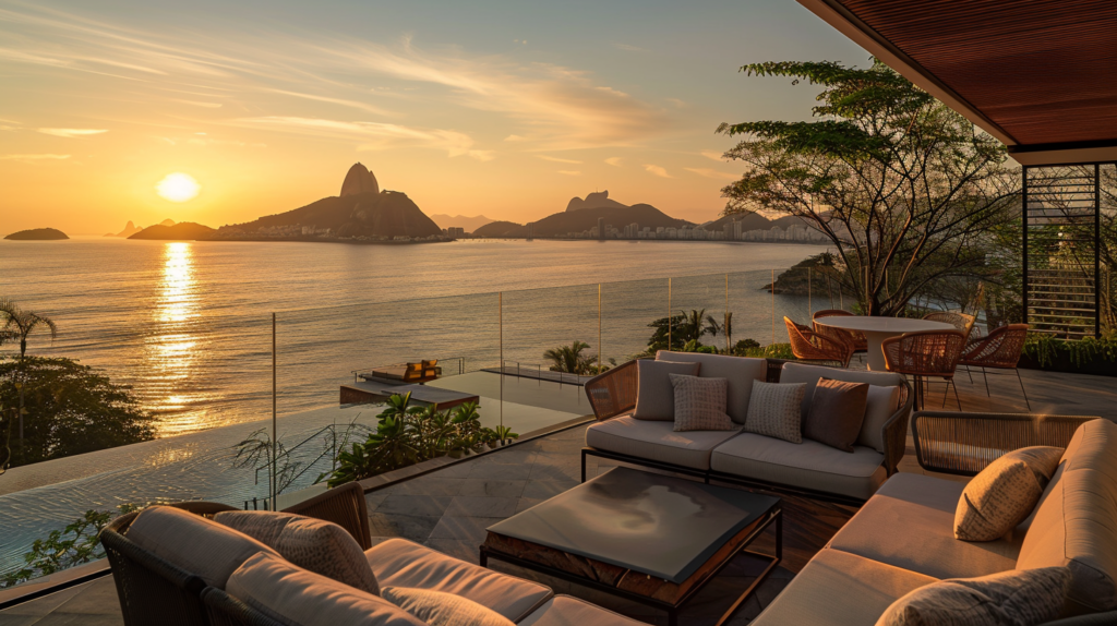 Golden sunset view from a Casai balcony in Rio, overlooking Copacabana beach and Sugarloaf Mountain.