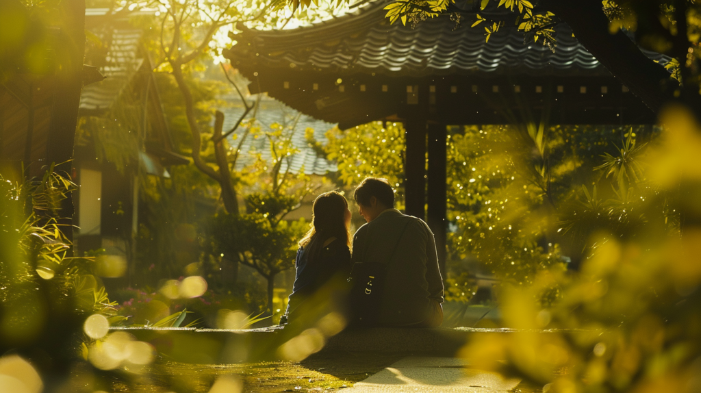 A couple sharing a quiet moment in a serene, sunlit garden in Kyoto, framed by traditional Japanese architecture.