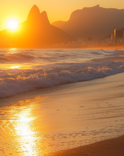 Golden sunrise over Leblon Beach with a jogger's silhouette on the serene shore.