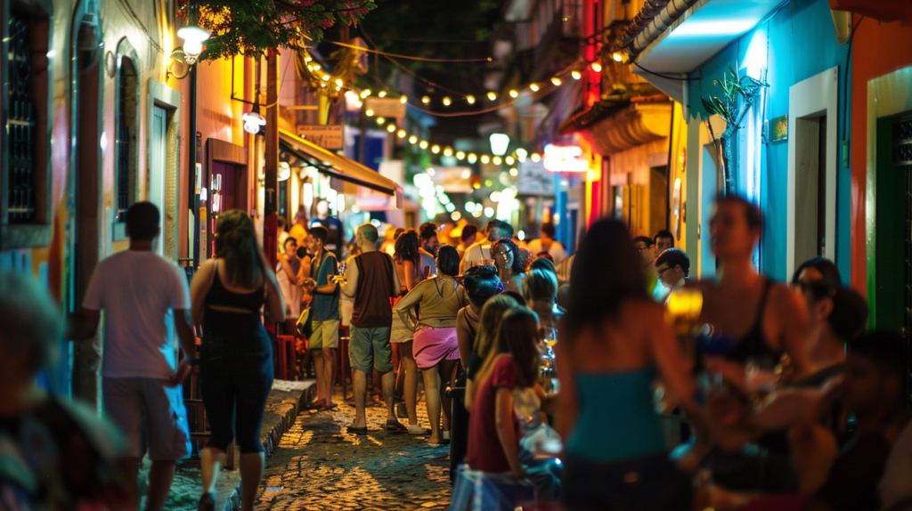 Vibrant evening life in Baixo Leblon with locals and tourists enjoying the nightlife.