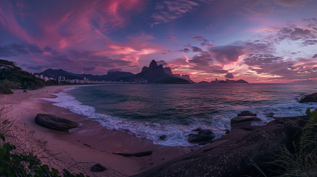 Sunset view from Mirante do Leblon, showcasing the beach and Dois Irmãos mountains.