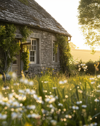 Early morning view of a stone rustic cottage with ivy walls, surrounded by dew-covered grass and wildflowers, in the English countryside.