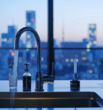 Smart faucet pouring water for coffee in a modern Tokyo apartment with the city skyline in the background.