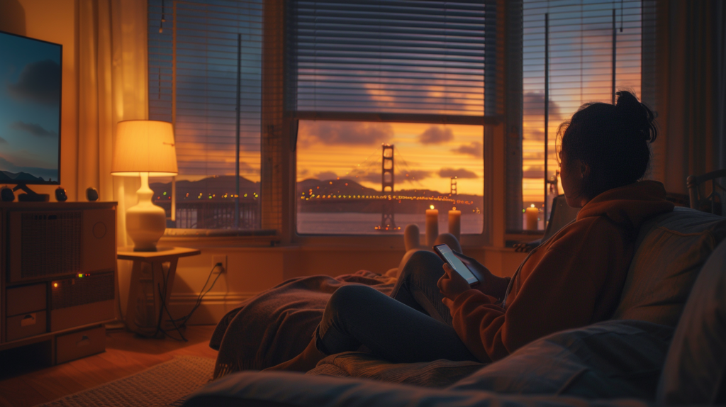 Person preparing for movie night using smart home devices in a San Francisco apartment with a view of the Golden Gate Bridge.