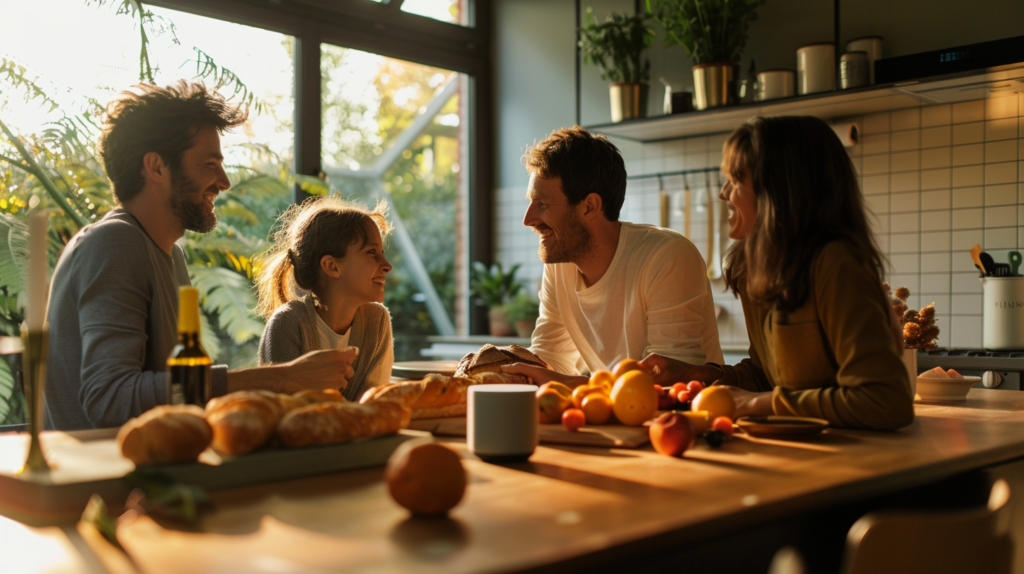 Family selecting music on a smart speaker during breakfast in a sunlit kitchen of their Berlin home.