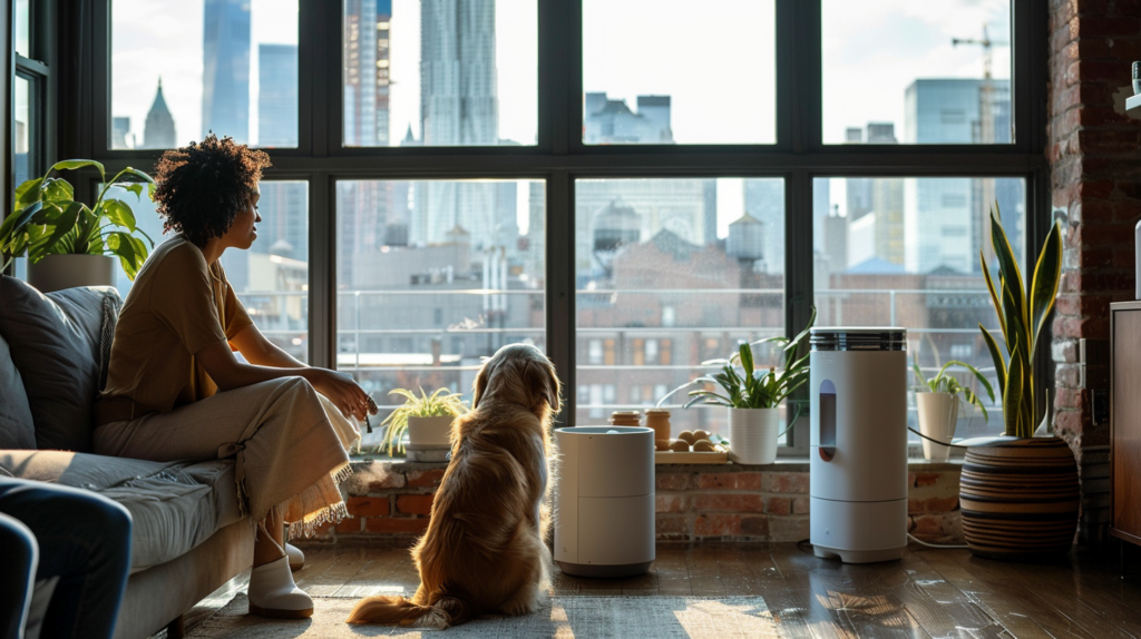 Pet owner using a smart pet feeder for their eager dog in a NYC loft with a city skyline view.