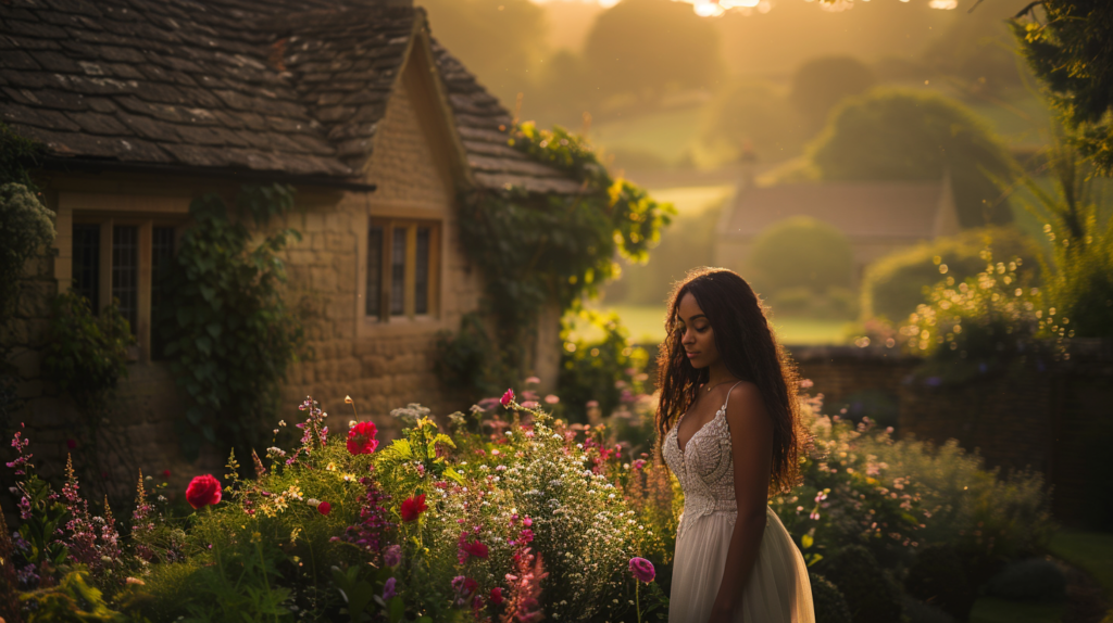 Early morning light bathes a quaint stone cottage in the Cotswolds, England, highlighting the vibrant spring flowers in its garden and the idyllic countryside beyond.