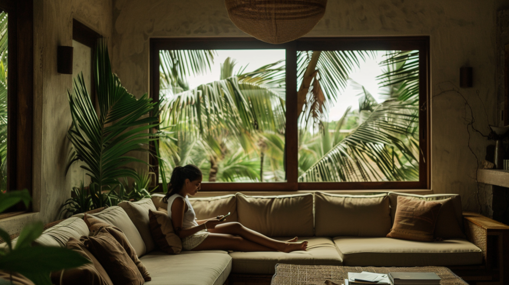 Traveler in Tulum checking hurricane updates in a cozy Casai living room, with palm trees swaying outside.