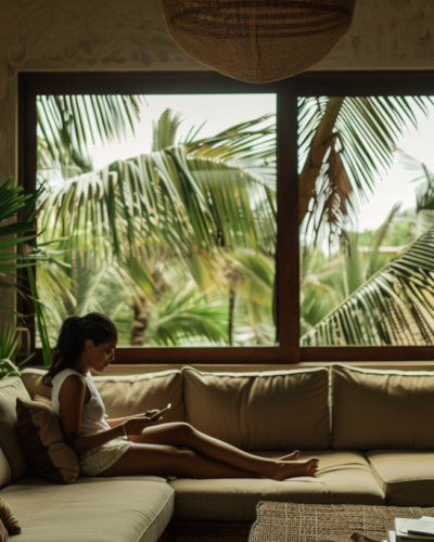 Traveler in Tulum checking hurricane updates in a cozy Casai living room, with palm trees swaying outside.