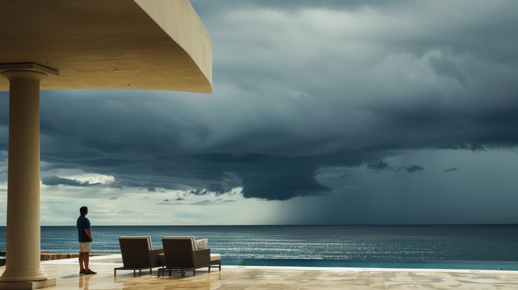 Casai staff member in Los Cabos securing balcony furniture against an approaching storm, with heavy clouds over the calm ocean.