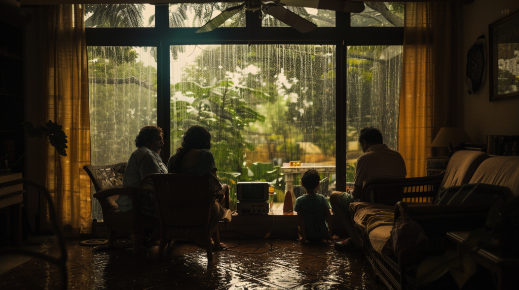 Family in Riviera Maya listening to hurricane emergency broadcasts in a warmly lit Casai apartment, as rain starts outside.
