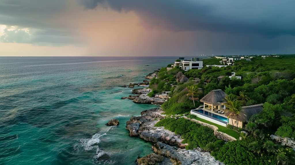 Aerial view of a Casai property in Cancun, showcasing modern architecture against a backdrop of an approaching storm.