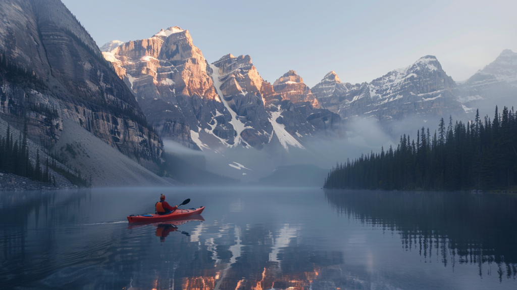 A lone kayaker in the tranquil waters of Moraine Lake, Canadian Rockies, with the dawn light casting a serene glow on the towering mountains reflected in the lake.