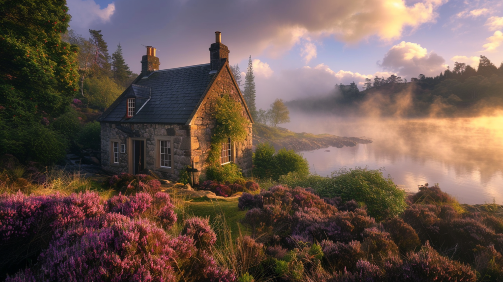 A secluded stone cottage in the Scottish Highlands emerges from the morning mist, surrounded by wild heather and the tranquil loch, epitomizing serene isolation.