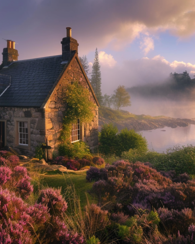 A secluded stone cottage in the Scottish Highlands emerges from the morning mist, surrounded by wild heather and the tranquil loch, epitomizing serene isolation.