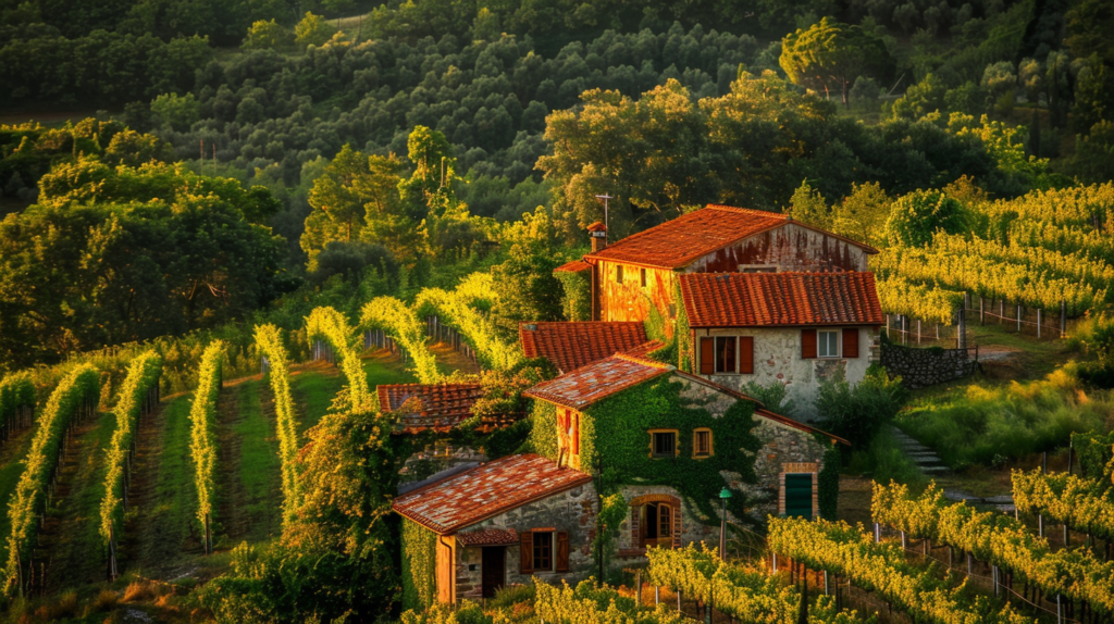 In the heart of Tuscany, a hidden hamlet basks in the golden hour's glow, its terracotta roofs contrasting with the verdant vineyards, symbolizing the idyllic rural escape.
