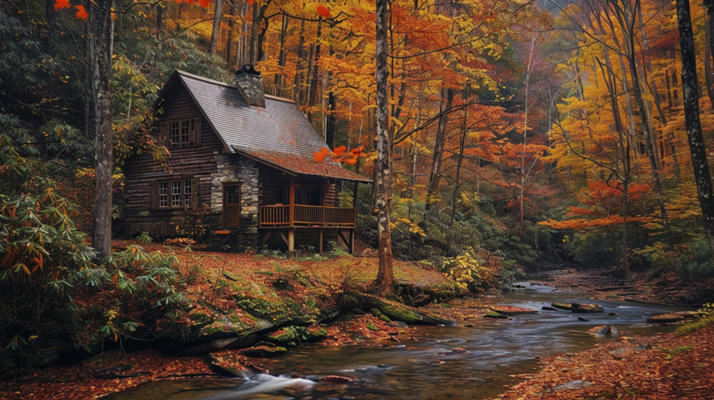 Surrounded by the Smoky Mountains' autumnal splendor, a secluded cottage stands in solitude, its presence amidst the fiery foliage and tranquil stream painting a picture of perfect autumnal retreat.