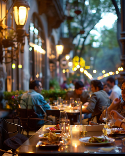 Guests dining at an upscale restaurant in Polanco, Mexico City, enjoying a fusion of Mexican and international cuisines with the vibrant street scene visible through the open windows.