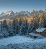 Early morning light illuminates a rustic cabin in the snowy Colorado Rockies, showcasing the serene beauty and isolation ideal for adventure seekers.