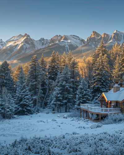 Early morning light illuminates a rustic cabin in the snowy Colorado Rockies, showcasing the serene beauty and isolation ideal for adventure seekers.
