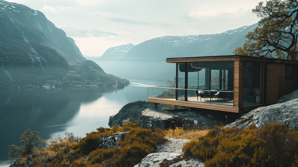 An eco-friendly cabin beside a Norwegian fjord blends modern design with rustic charm, offering a sustainable gateway to the awe-inspiring natural landscape.