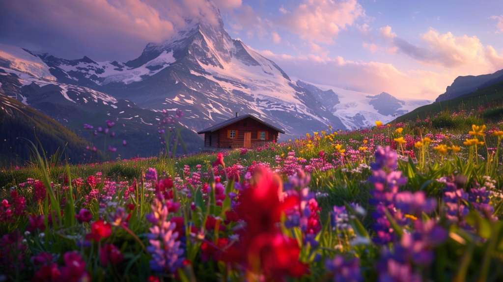 A secluded cabin in the Swiss Alps emerges amidst a meadow of spring wildflowers, contrasting with distant snow-capped peaks, symbolizing a perfect adventure basecamp.