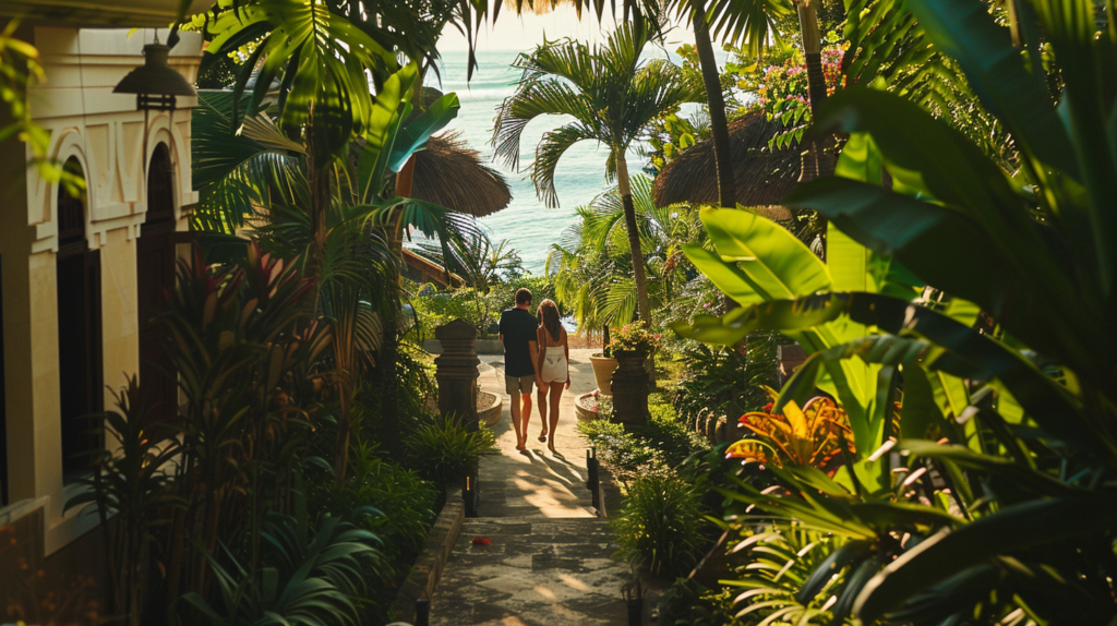 A couple enjoys a serene walk in a lush urban garden at a hidden beachfront villa in Bali, with the morning sun highlighting the vibrant tropical plants and the ocean in the distance.