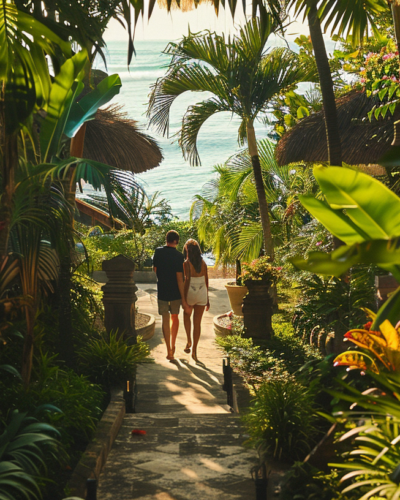 A couple enjoys a serene walk in a lush urban garden at a hidden beachfront villa in Bali, with the morning sun highlighting the vibrant tropical plants and the ocean in the distance.