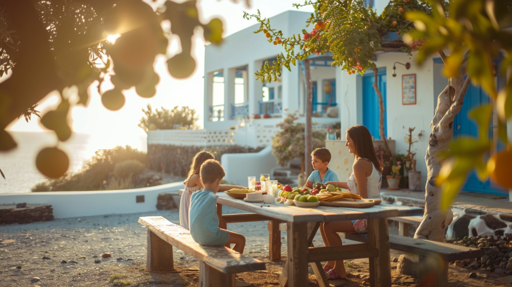 A family shares a picnic in a secret garden at a Santorini beachfront villa, enjoying local cuisine with a breathtaking view of the Aegean Sea during golden hour.