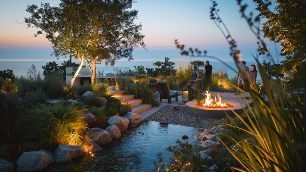 Friends gather around a fire pit in a sustainable urban garden at a Malibu beachfront villa, enjoying an intimate evening where luxury meets nature.