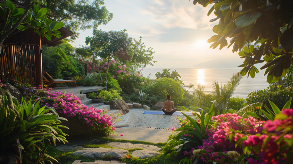 A peaceful morning yoga session in a lush garden of a Phuket beachfront villa, with the serene Andaman Sea providing a perfect backdrop for rejuvenation and tranquility.