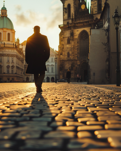A traveler exploring the cobblestoned pathways of Prague's Old Town at dawn, with the Astronomical Clock in the background, capturing the essence of luxury amidst historical grandeur.