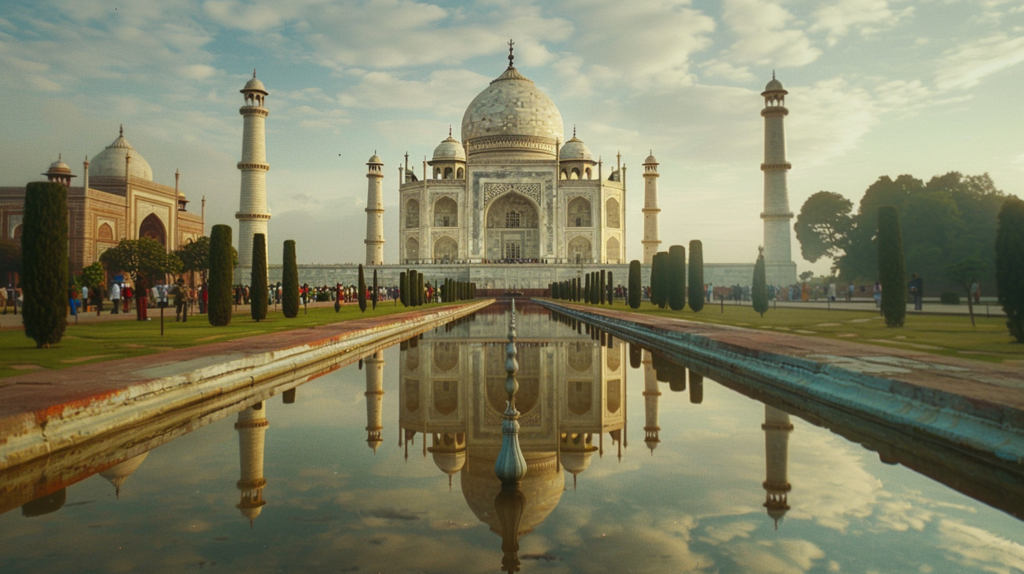 The Taj Mahal at sunrise, its marble facade reflecting in the Yamuna River, with travelers in traditional attire witnessing its beauty, showcasing the fusion of luxury and cultural heritage.